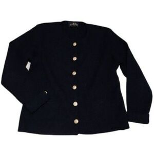 CARINE Paris Wool Cardigan Golden Metal Accent Nautical Buttons Front Pockets M